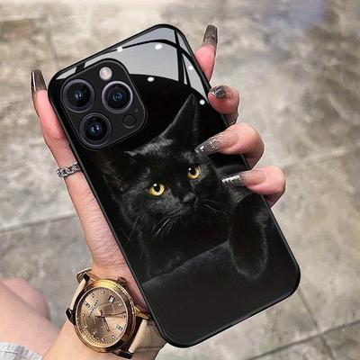 Roztomilý černý kočičí vzor Tvrzené sklo Černý kryt telefonu Pro iPhone 17 Pro Max 16 15 14 13 12 11 Pro 17 Air 7 8 Plus XR XS X Kryt