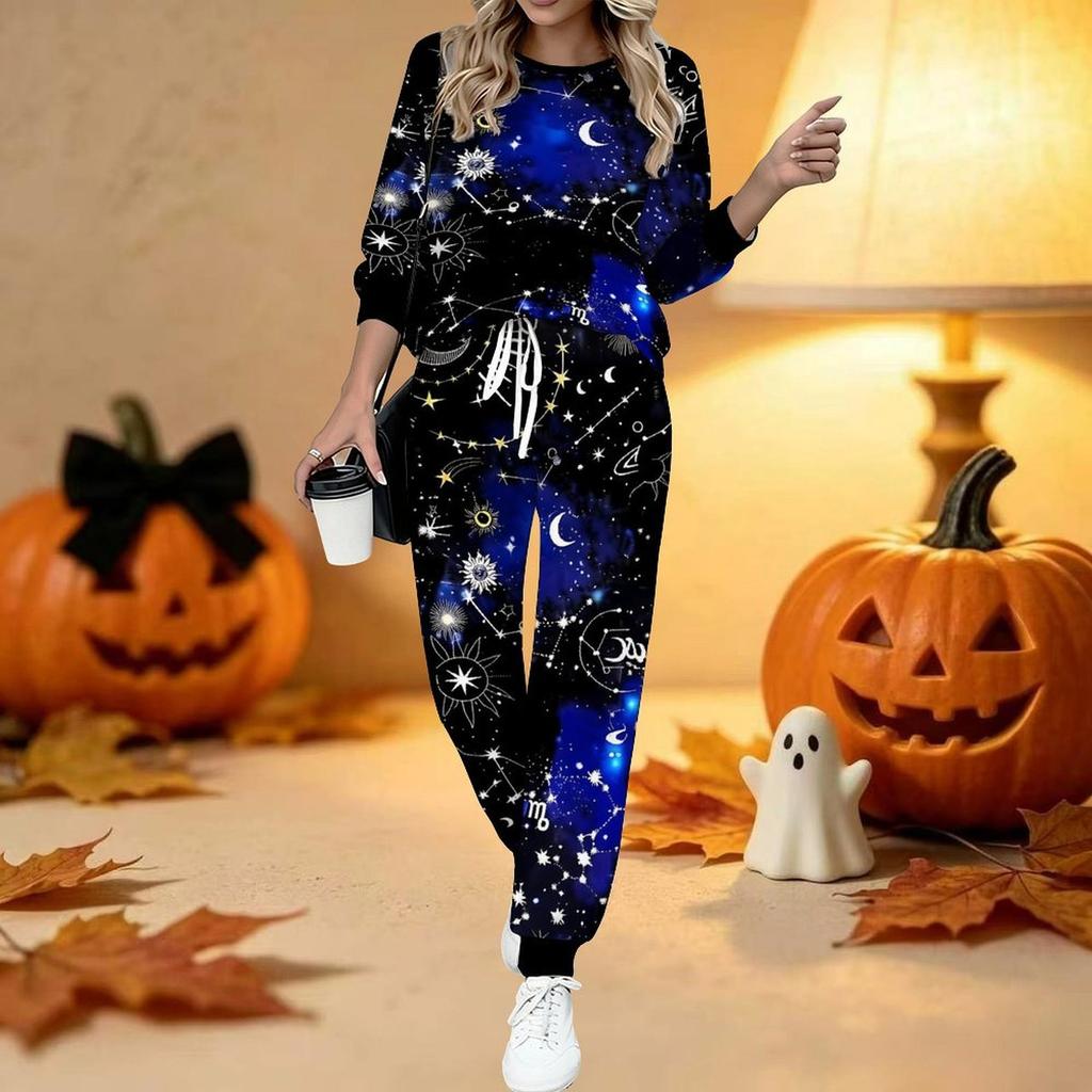 Damen Halloween Print Zweiteiliges Outfit, Langarm Rundhals Oberteil & Jogginghose mit Kordelzug Lässiger Trainingsanzug für Frühling Herbst