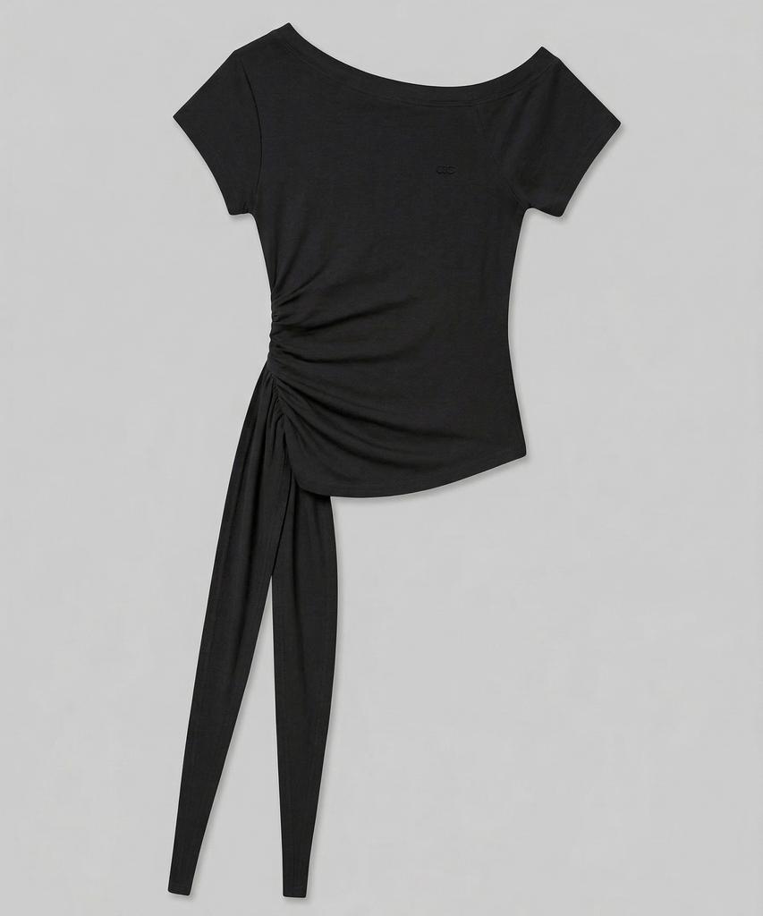 CHICKS Drape Strap One-Shoulder Short Sleeve Charcoal