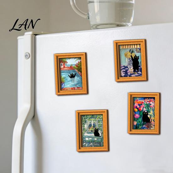 Decorative Fridge Magnets Oil Painting Cat Refrigerator Magnet, Wooden Frame Black Pattern Magnet Decor Theme Retro Rectangle Magnetic Decoration Home