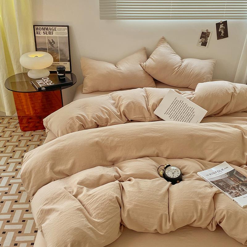 Four-piece Set for Sleeping Naked On Winter Bed, Washed Cotton Sheets, Quilt Cover, Fitted Sheet, Three-piece Set for College Dormitory