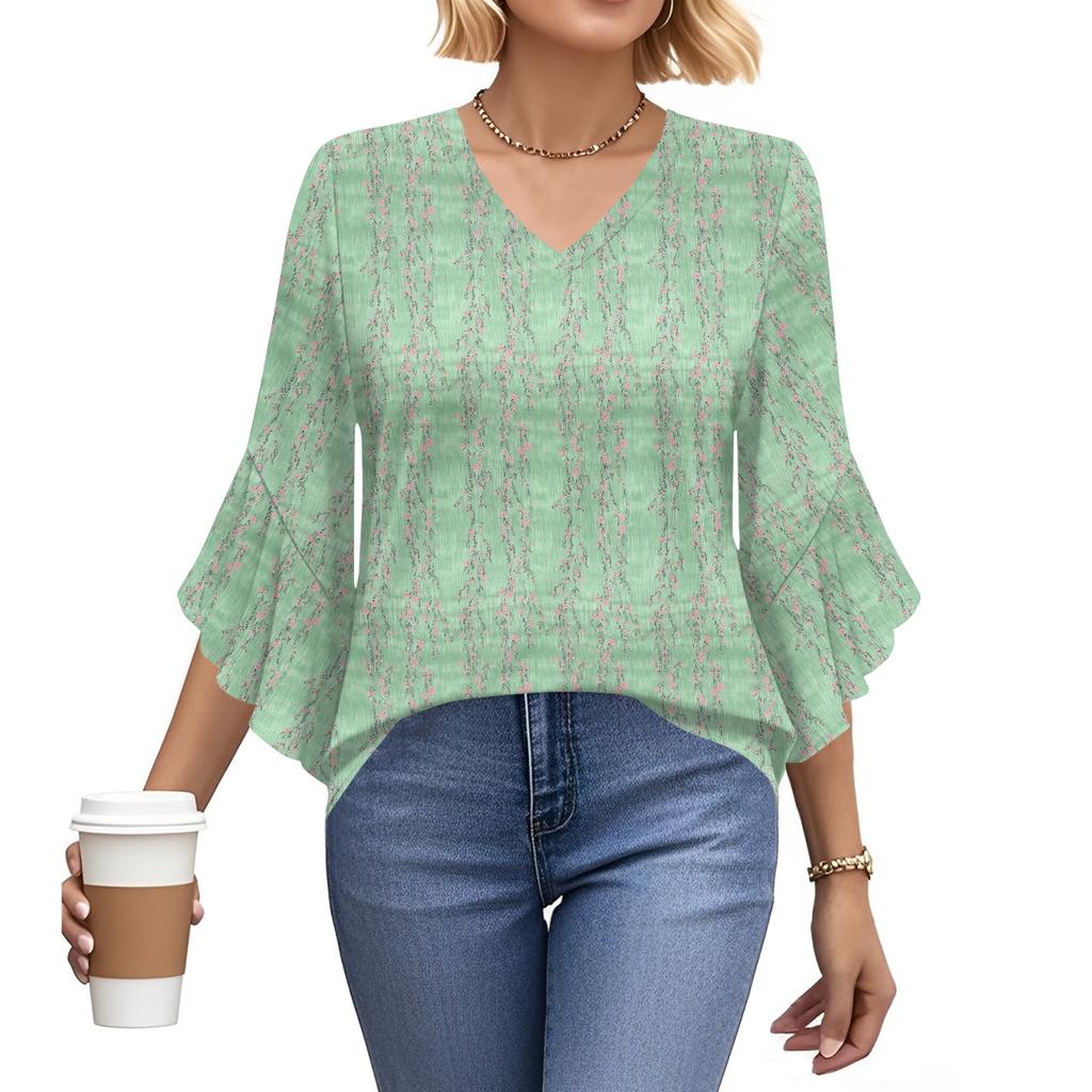 Blouses For Women Dressy Casual 3/4 Length Sleeve Womens Tops V Neck Tshirts Shirts With Flared Sleeve