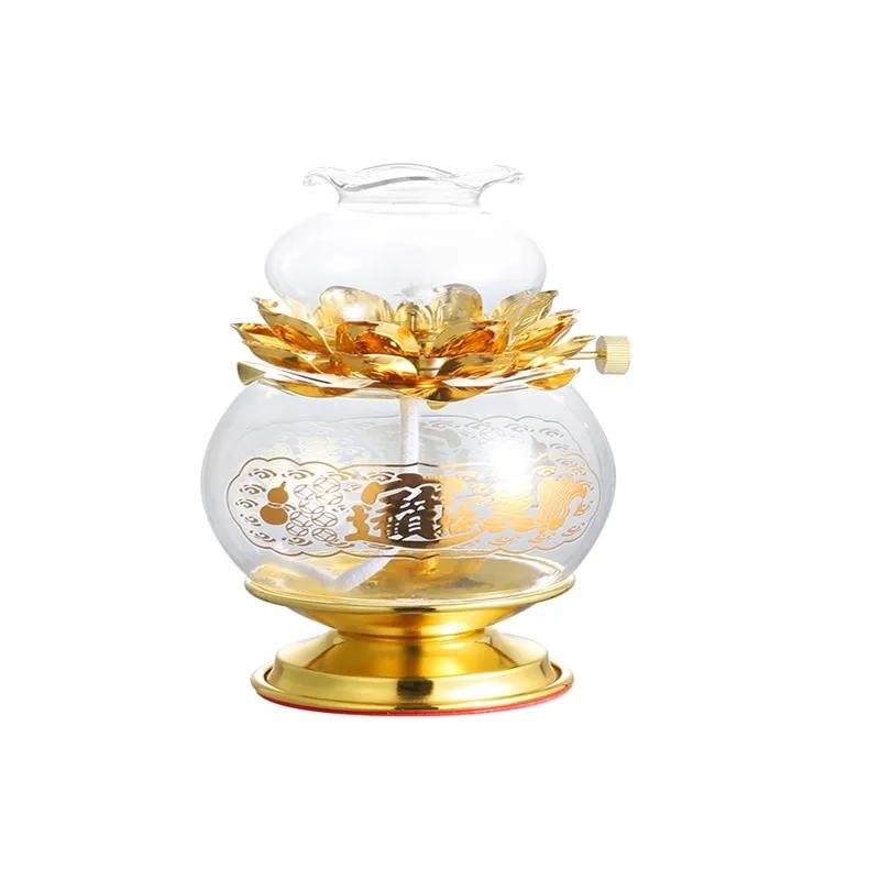 Buddha Offering Lamp, Transparent Glass Lotus Lamp, Buddha Heart Sutra Butter Lamp, Household Use, Prayer, Buddha Tools