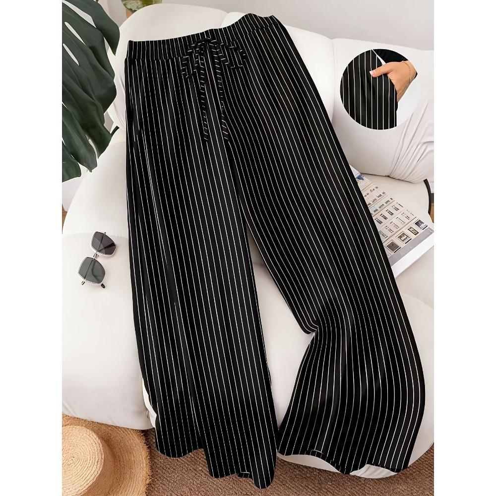 Women s Elastic Waist Striped Wide Leg Pants Loose Fit Casual Trousers S