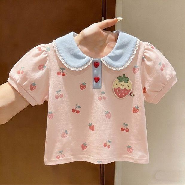 Summer Girls Pink Peter Pan Collar Short Sleeve Polo Shirt Cute Cartoon Baby Top 80