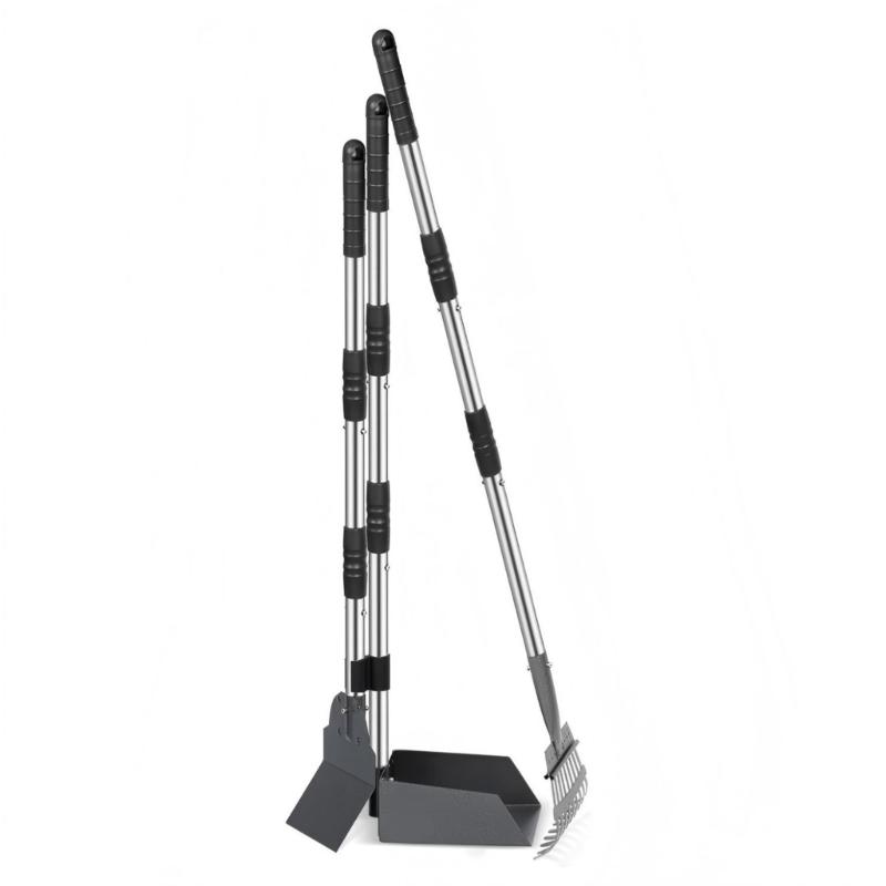 Metal Pet Waste Scooper With Adjustable Handle For Dogs Stainless Steel And Aluminum Poop Shovel Tray Rake Combo Set