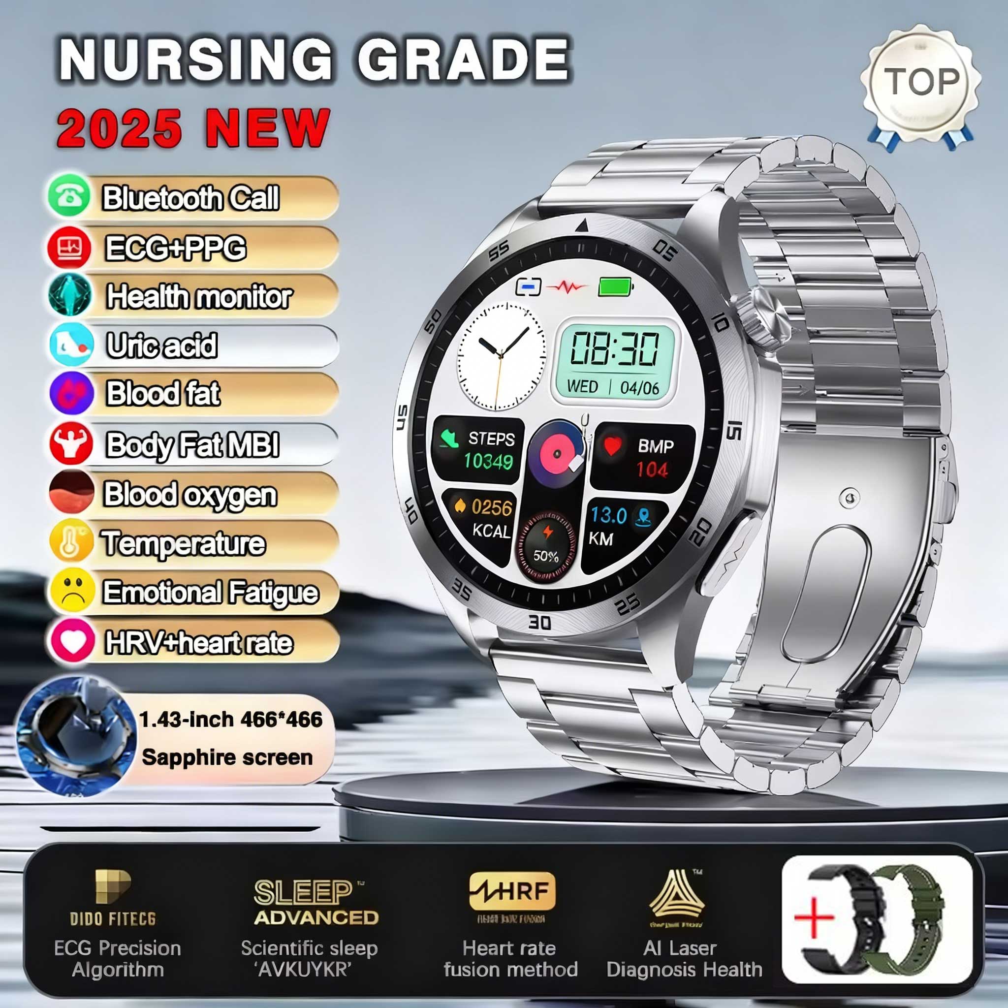 

Для Xiaomi Новий Смарт-годинник для вимірювання здоров я Чоловічий Кисень крові Сечова кислота ЕКГ+ФПГ Тіло Кров яний тиск Bluetooth-дзвінок Годинник для руху steel срібний