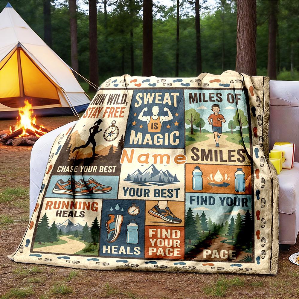 Customize Your Name Outdoor Blanket Running Adventure Magic Smile Comfort Soft Lightweight Allseason Multipurpose Blanket For Travel Camping Picnic
