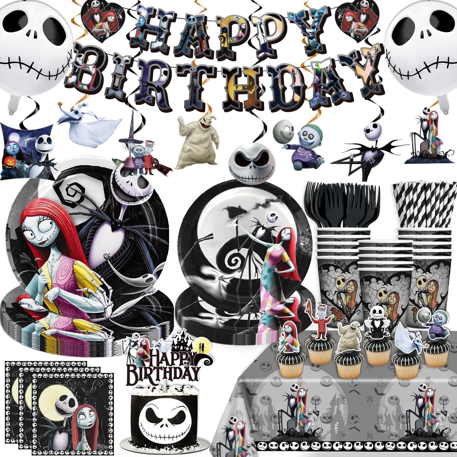 145pcs Movie Christmas Party Decorations Include Tableware Set Banner Hanging Balloon Tablecloth Cake Topper Cupcake Toppers, for Kids and Adults