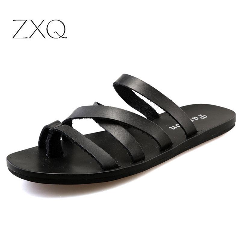 Flat With Beach Fashion Outside Men's Slippers Leisure Concise Genuine Leather Summer Flip Flops Sewing Solid Men Shoes