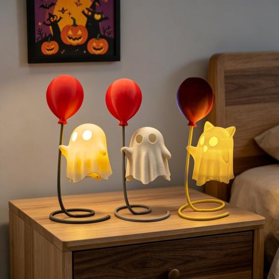 Cute Ghost Figurine with Balloon, Warm LED Ghost Night Light, Halloween Decoration for Bedroom Desk Table Centerpiece Cozy Ornament Gift