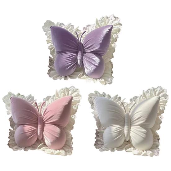 Butterfly Throw Pillow Plush Butterfly Pillow with Lace Ruffle Decorative Bedroom Cushion for Living Room Sofa Couch Bed Car