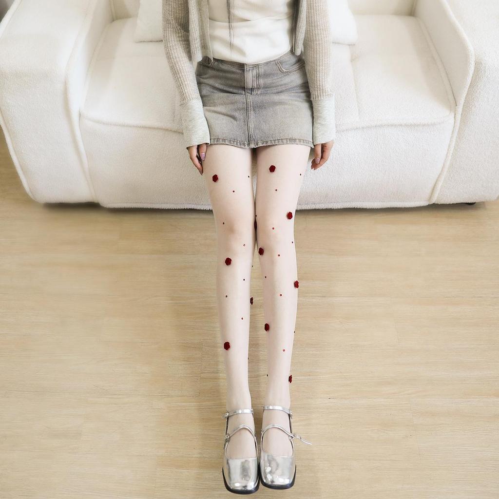 2026 Spring/Summer Women's 3D Red Rhinestone Rose Pattern Anti-Snag Sheer Tights/Stockings