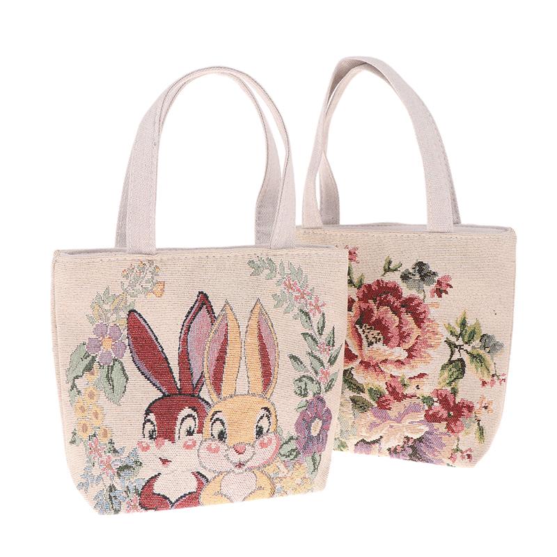 Embroidery Canvas Bag Cute Butterfly Rabbit Peony Tote Bag Small Shoulder Traveling Pouch Handbag Grocery Storage Bag