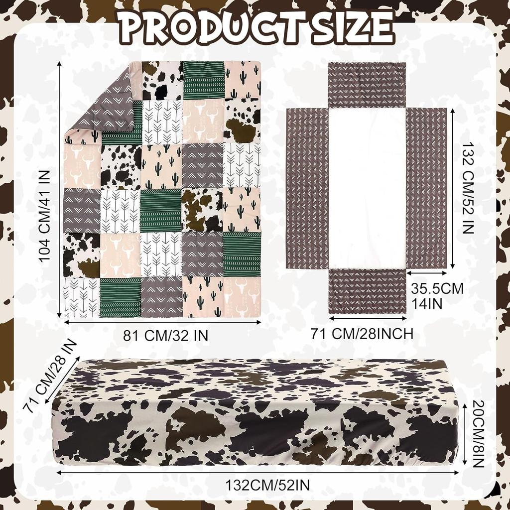 3 Piece Patchwork Crib Bedding Set, Neutral Cow Cactus Print Baby Bedding, Barnyard Western Nursery Decor, Standard Size Soft Baby Bed Set Includes