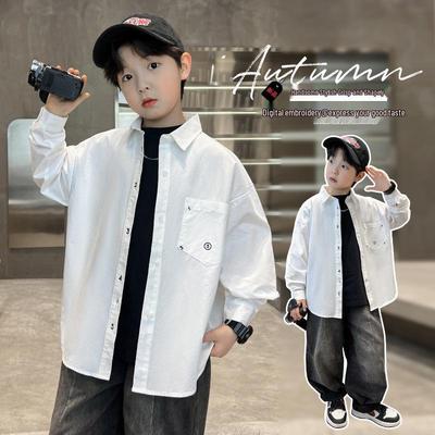 2025 Boys' Solid Color Shirt with Pocket Embroidery - Versatile Autumn/Spring Style for Kids