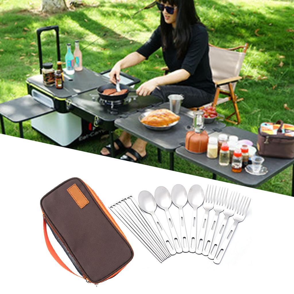 Camping Geschirrset Edelstahl Gabel Löffel Essstäbchen Tragbares Küchenutensilien-Set mit Aufbewahrungstasche für Draußen