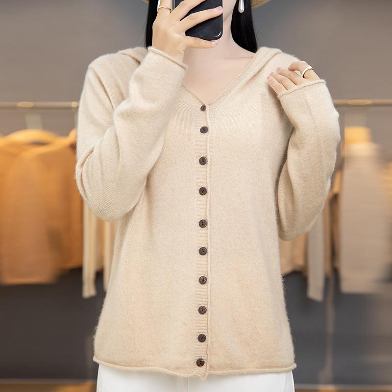 Frühling Herbst Einreiher Strick Cardigan Damen Mit Kapuze Einfarbig Pullover Mantel Locker Schlank Lässig Vielseitig Langarm Strickware