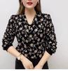 Spring Autumn Women's Female Clothing Wave Printed V Neck Shirt Bandage Diamonds Chic Pearl Three-dimensional Decoration Blouse
