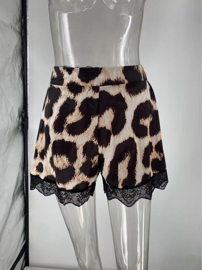 2026 Retro Satin Leopard Print Lace Trim Women's Shorts