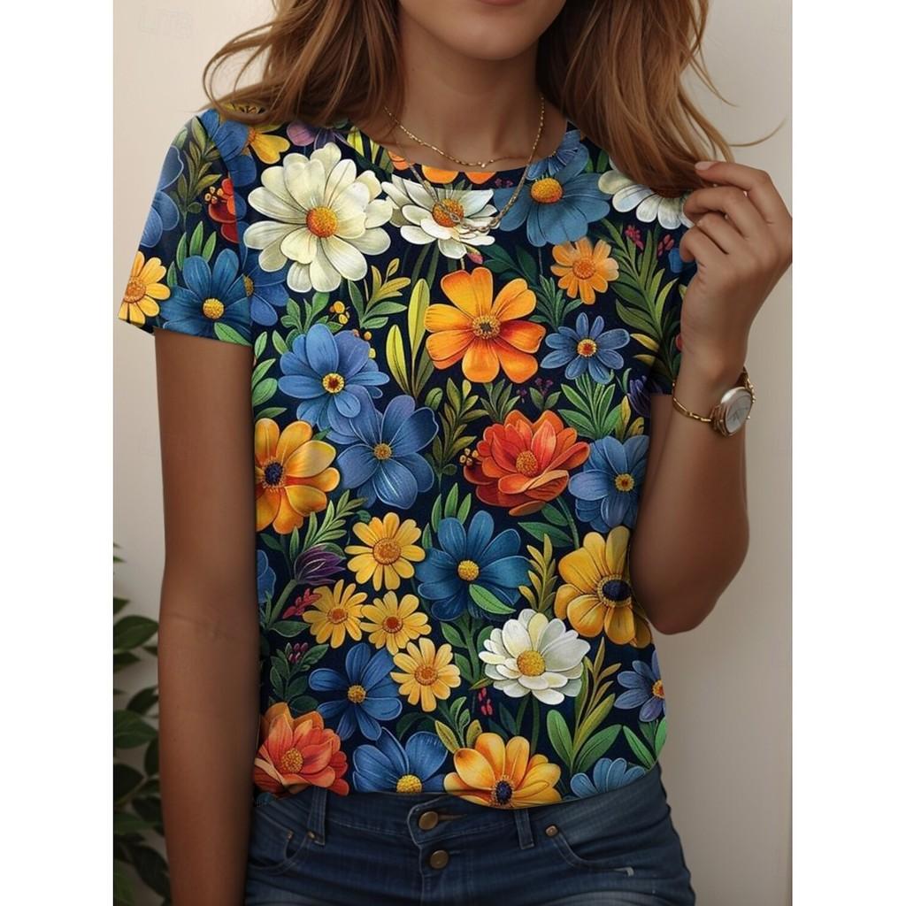 Printed women's shirt, retro elegant classic short sleeved round neck ordinary top, printed summer dress