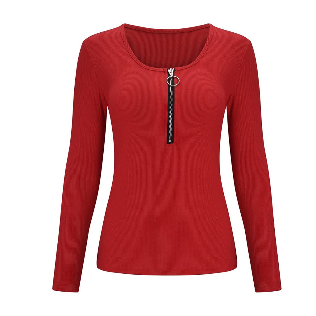 V-Neck Zippered Regular Knit Blouse