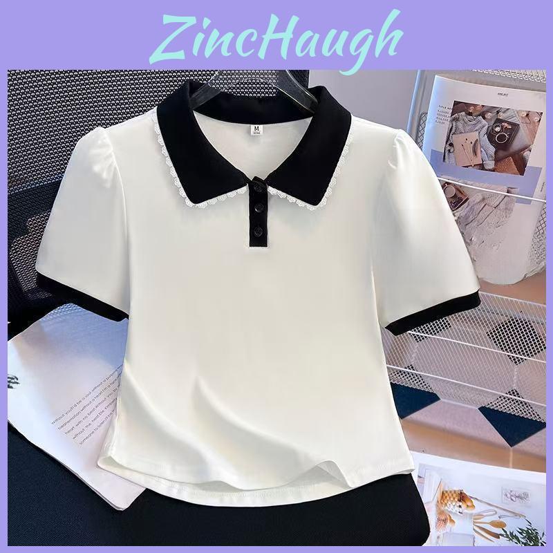 T-shirt Estiva a Maniche Corte da Donna con Collo a Bambola e Tessuto Spliced per Abbigliamento Casual