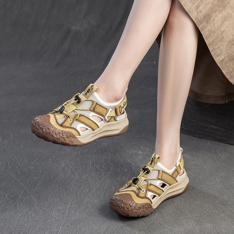 Johnature Retro Runde Zehen Atmungsaktive Mesh Sport-Sandalen Echtes Leder Leichte Damen Schuhe