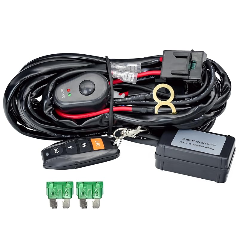 LED Lights Bar Wire Harness Kit With Remote Control 1Leads DC12V 40A Fuse Relay 3.5M/11.5FT 14AWG Wiring Harness Fit For LED Work Lights Driving Fog