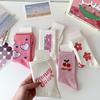 Women's Mid-Calf Socks: Japanese-Inspired Pink Floral with Lettering, Cute and Versatile for Spring & Autumn.