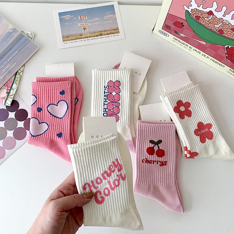 Women's Mid-Calf Socks: Japanese-Inspired Pink Floral with Lettering, Cute and Versatile for Spring & Autumn.