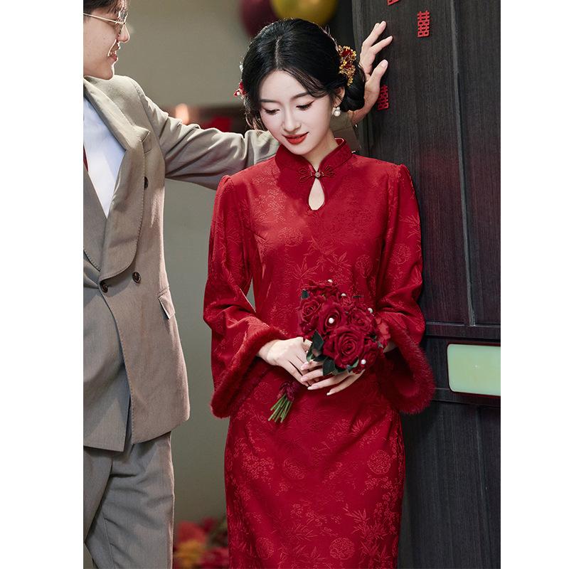 Red cheongsam wedding 1011 new bride toast autumn and winter Chinese engagement dress fleece dress