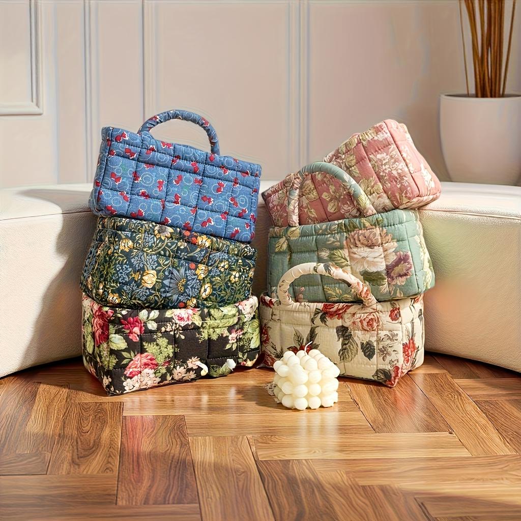 Grande Cesto portaoggetti trapuntato floreale vintage con manico robusto - Organizer multifunzionale pieghevole per donne e ragazze, Portatile per bucato, Giocattoli