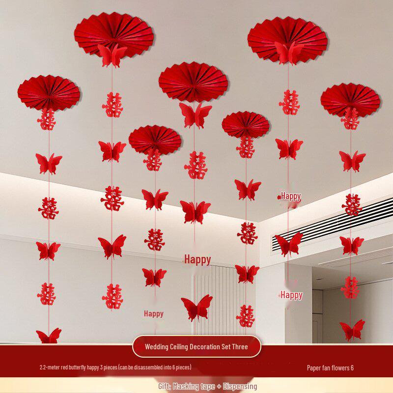 Wedding Décor: Double Happiness Paper Cut Ornaments for Ceiling and Walls, Festive Butterfly Pull Flowers for Bedrooms and Living Rooms
