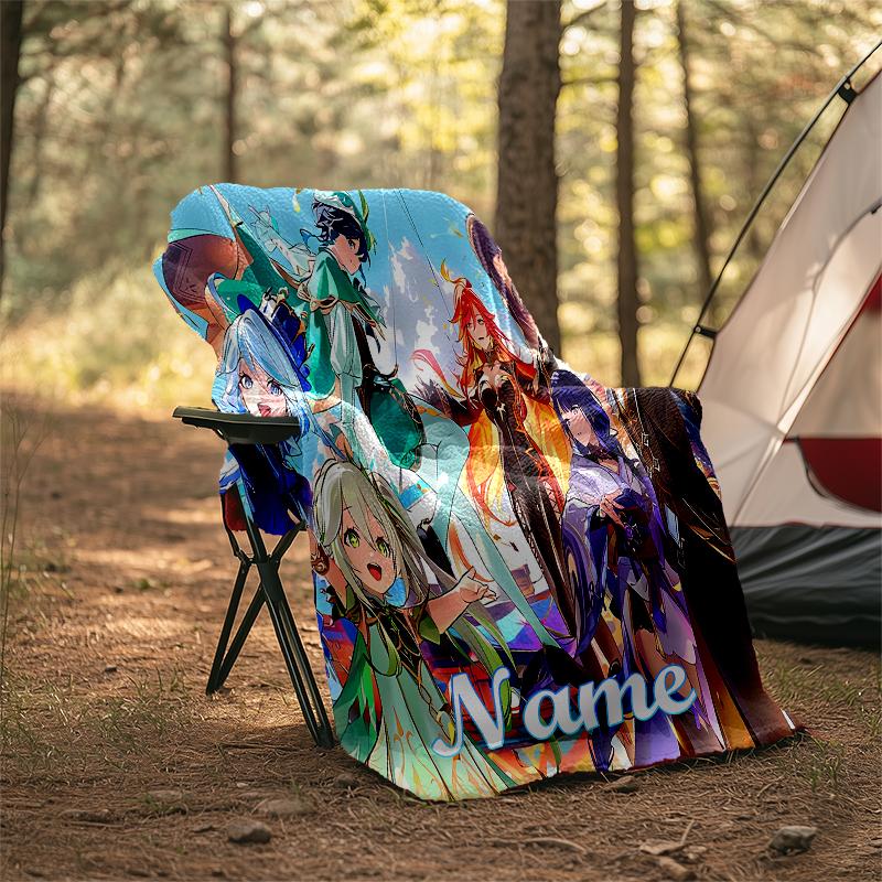 Pătură Personalizată cu Nume - Design cu Personaje Genshin Impact, Pătură pentru Canapea, Pat, Călătorii, Camping - Moale și Călduroasă, Cadou Minunat
