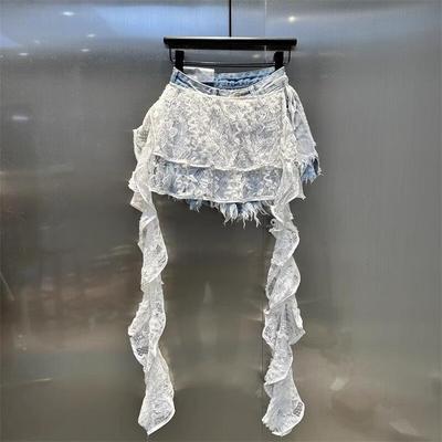 Mezcla de encaje puro francés estilo extranjero versátiles shorts de mezclilla primavera nuevos pantalones de pierna ancha sueltos y finos