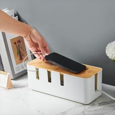 Plastic Household Cable Management Box with Wooden Lid Dustproof Power Cord Case Stackable Space Saving Desk Power Cable Box