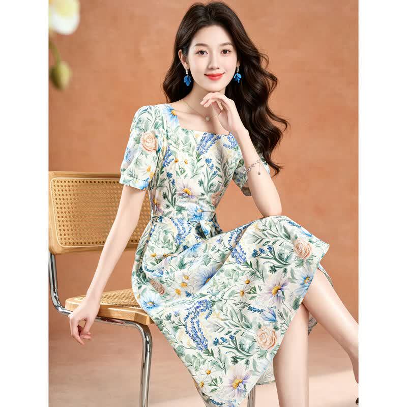 Ke Bei er Women s Summer Floral Square Neck Puff Sleeve Midi Dress 3XL