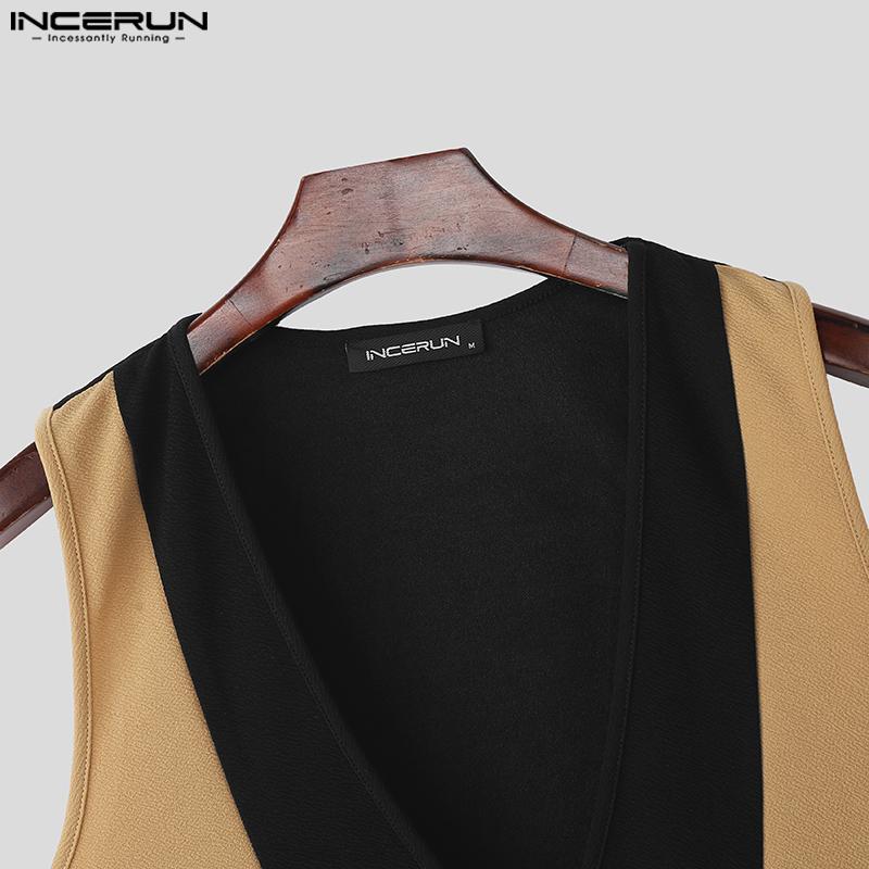 INCERUN Men V Neck Sleeveless Stitching Waistcoat and Long Pants Outfits Sets