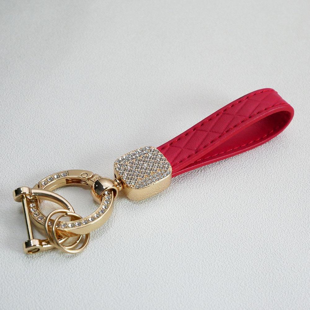 PU Leather Car Key Chain Plaid Durable Car Key Ring Chain Holder Shiny Crystal Pendant Key Ring