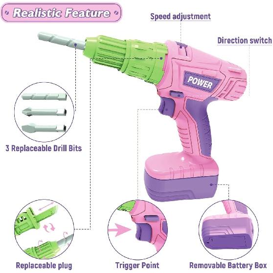 Kids Construction Tool Set for 3 4 5 6 7 Year Old Boys Girl,Pink Preschool Pretend Play Tool,Pretend Play Tools Set Toddler Toys,with Electric Drill