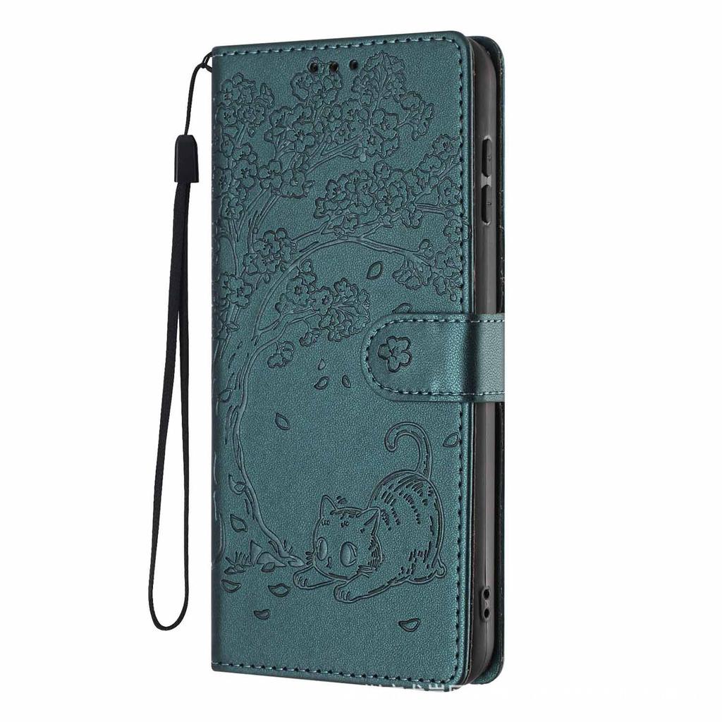 Applicable To iPhone17 Leather Case, Samsung S26 Tree Cat Pattern Card Wallet Protective Case Redmi K90 Solid Color