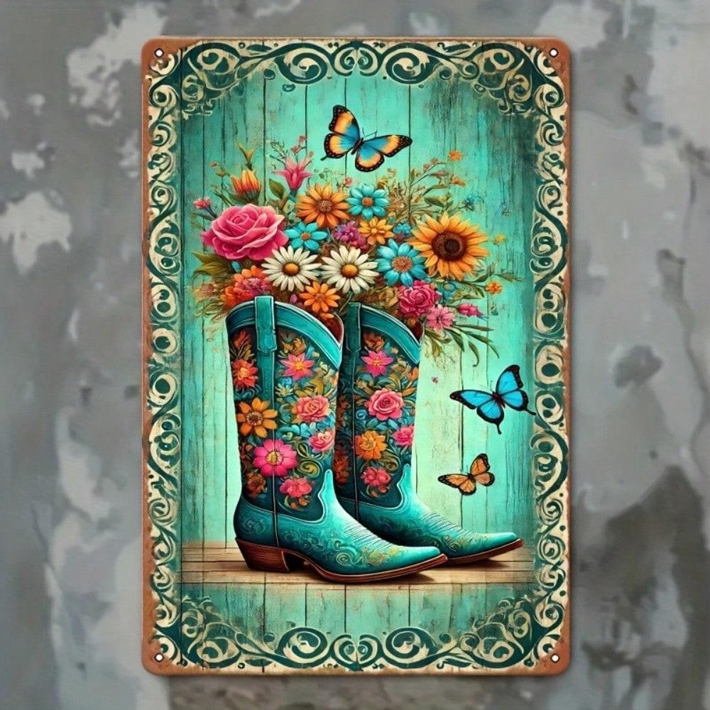 Vintage Cowboy Boots Metal Wall Art 8x12 Inch Rustic Home Decor Tin Sign