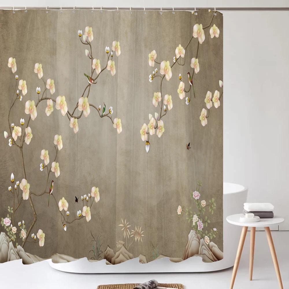 

Chinese Landscape Shower Curtain Mountain Lake Birds Flowers Artistic Design Eastern Aesthetic Bathroom Decor Tranquil Nature W60H190(CM)-1 Pcs