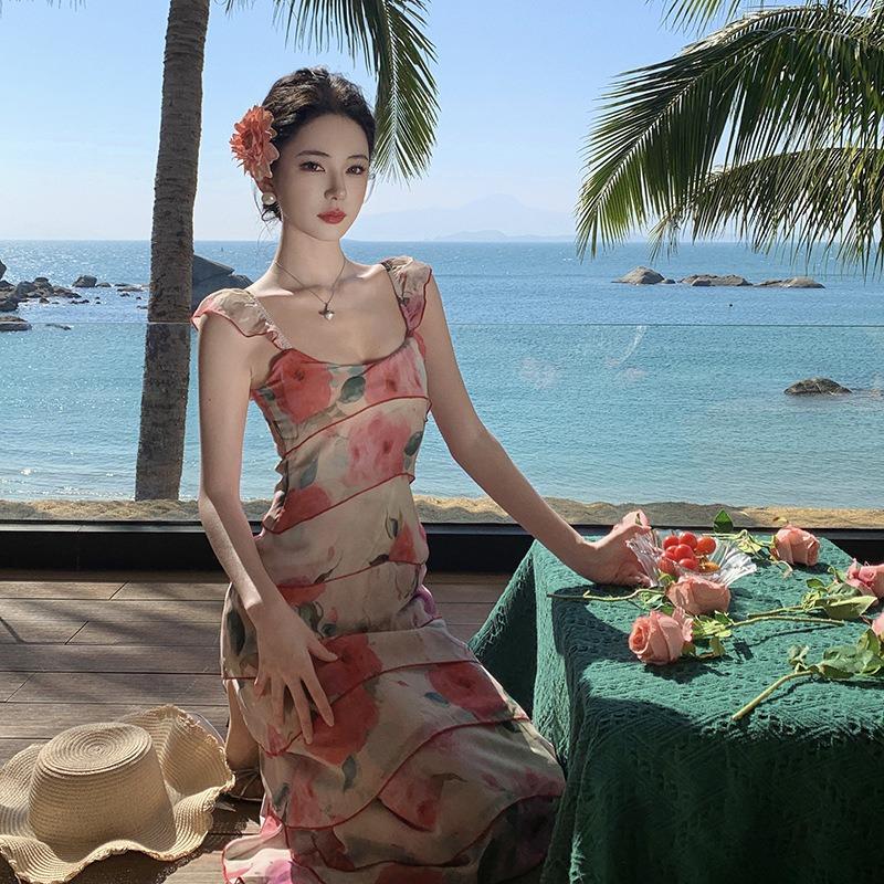 Pink Retro Oil Painting Print Suspender Dress Women's Summer French Waist Thin Seaside Vacation Cake Skirt