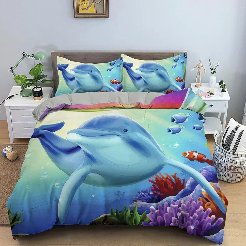 3D Dolphin Bedding Set Cute Animals Duvet Cover With Pillowcase Bedroom Printed Comforter Covers Twin Full King Home Textile