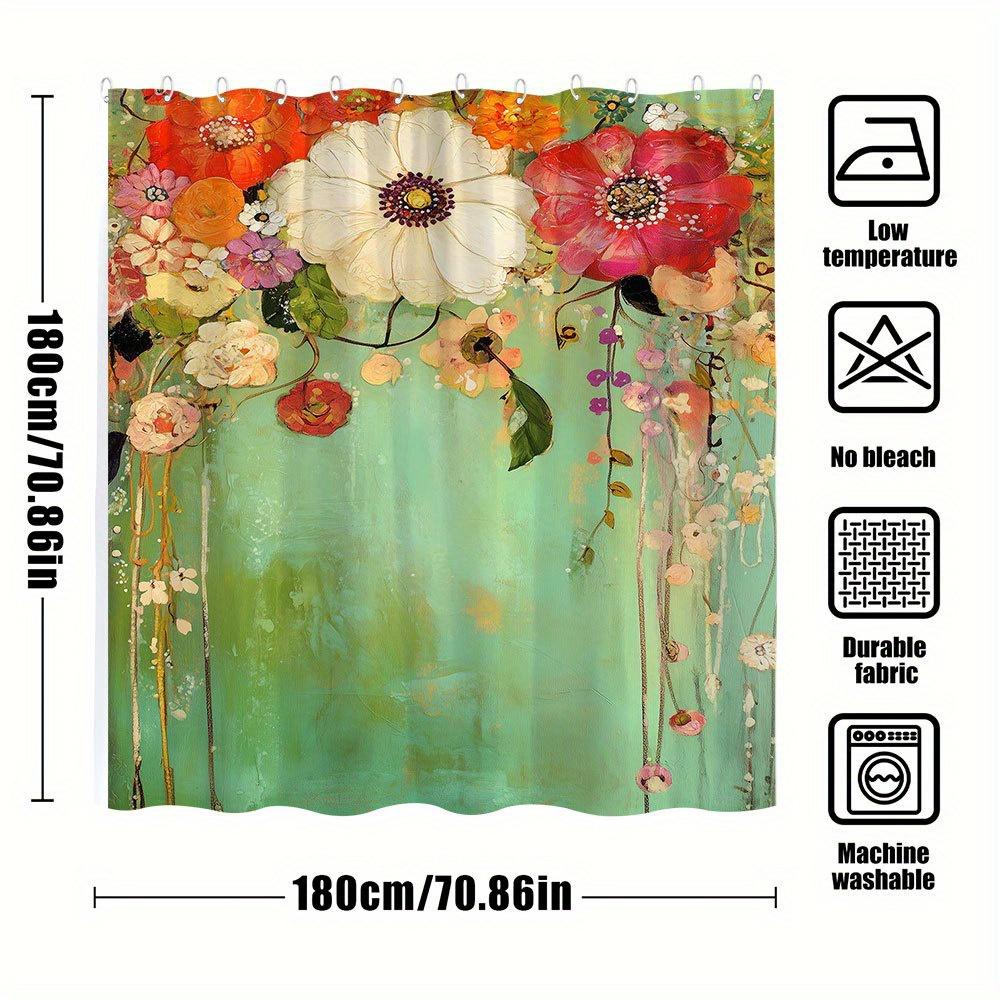 1Pc Vibrant Abstract Watercolor Floral Shower Curtain - Red Pink Orange Flowers On Turquoise Green, 70.86X70.86 Inch Polyester