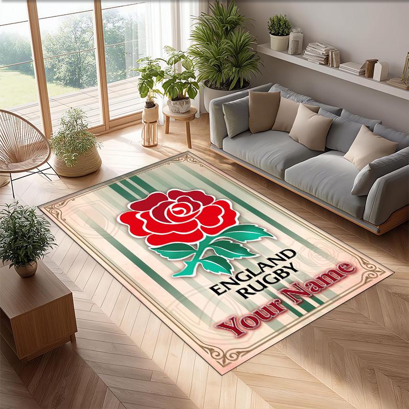 England Rugby Crystal Velvet Rug, Custom Name Text Personalized Non‑Slip Floor Mat for Home Decor Gift