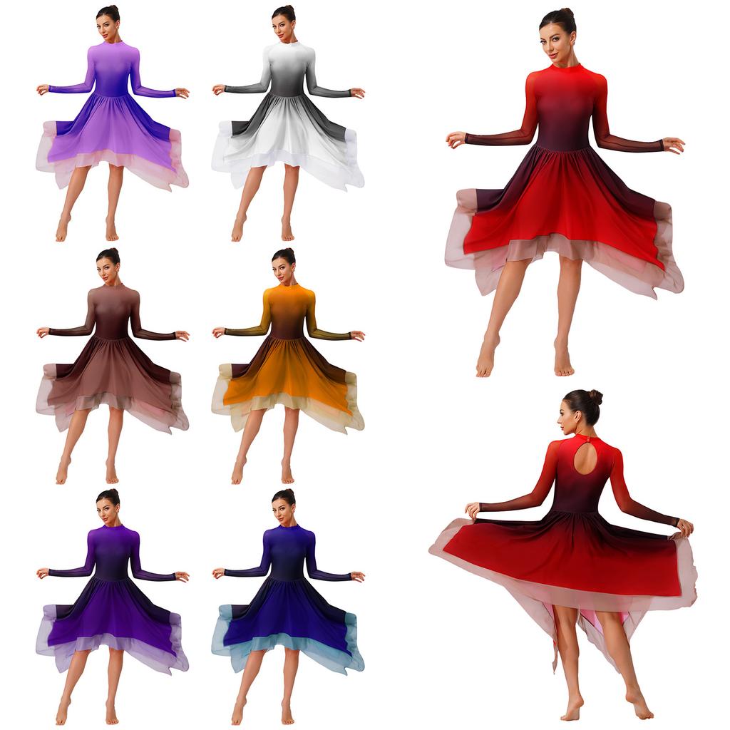 Damers Lyrisk Dansklänning Gradient Långärmad Mesh Oregelbunden Fåll Rygg Konståkning Prestandadräkt