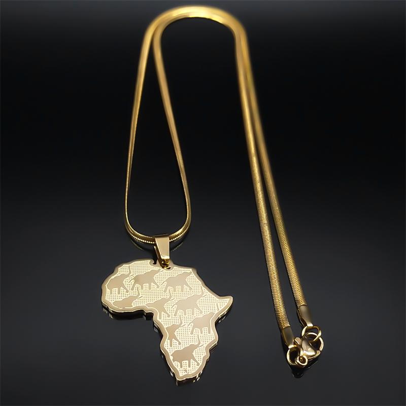 Mapa de África Collar de Elefante Africano para Mujeres Hombres Acero Inoxidable Color Dorado Colgante de Animal Collares Joyería NXHXD560S05
